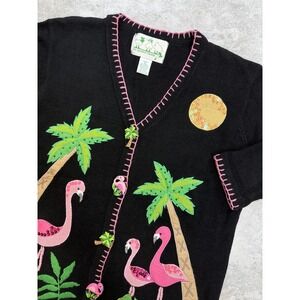 Quacker Factory Cardigan Sweater Womens Medium Black Flamingo Palm Tree Applique